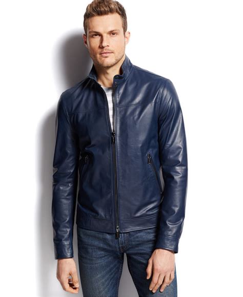 michael kors bomber jacket men blue|Michael Kors men's leather jacket.